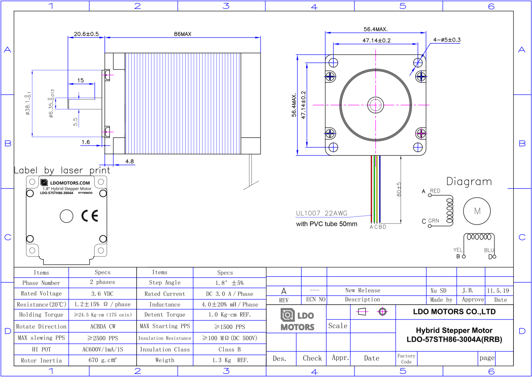 Nema 23 Stepper Motor - High Torque - 1.8degree/step, 345oz-in