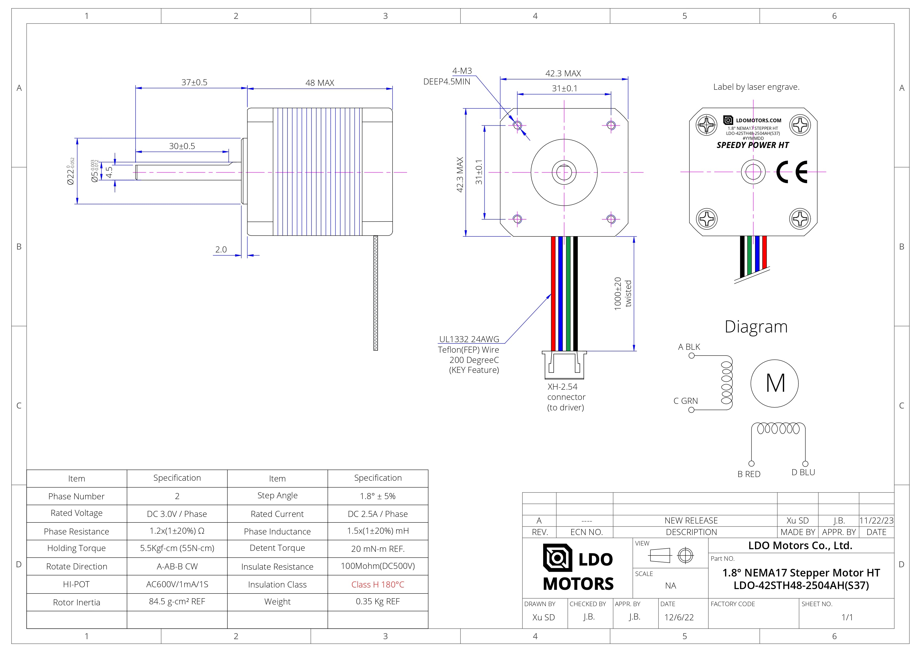 Nema 17 Stepper Motor - HT - 48mm - (1.8º, 76oz-in, 37mm shaft)