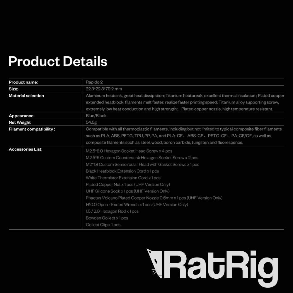 Phaetus Rapido 2.0 Plus UHF Hotend - Black - 2000mm Cable