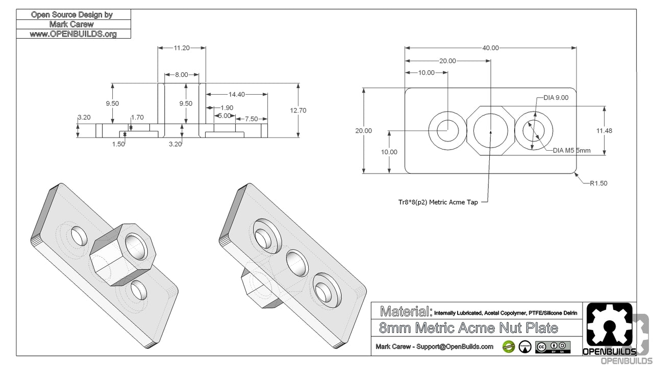 Nut Plate for 8mm Metric Acme Lead Screw